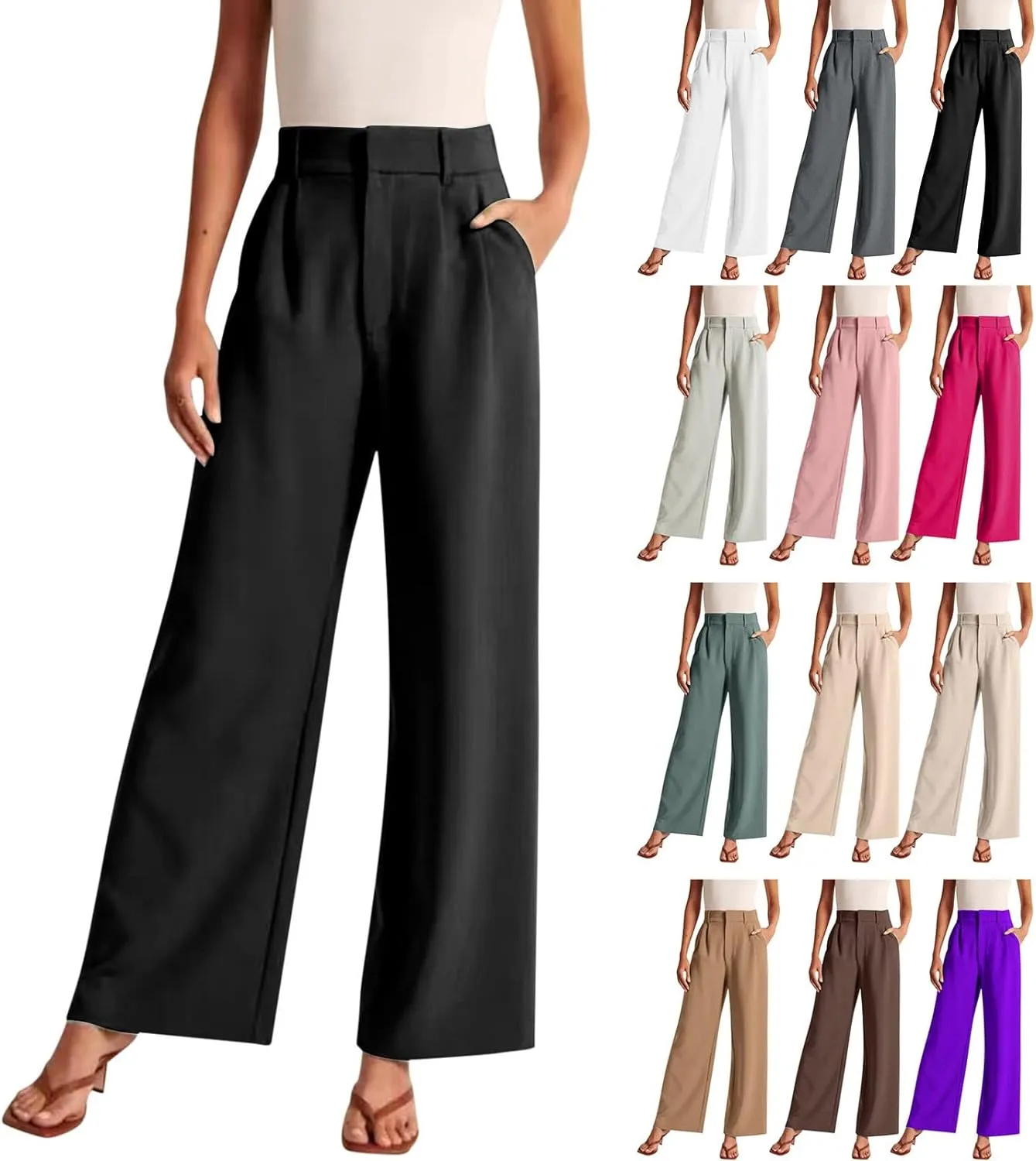 Wide Leg Pants High Elastic Waist Office Work Trousers Women Long Straight Suit Pants Casual Ladies Business Trouser