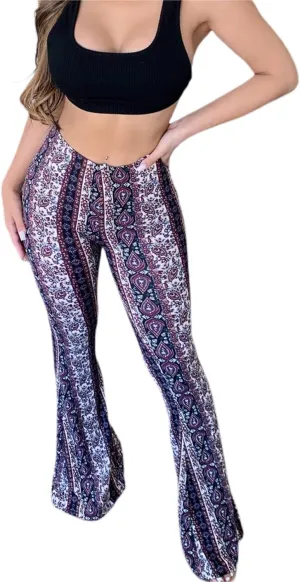 Winioder Women Boho Flare Pants High Waisted Stretch Bell Bottom Yoga Pants Hippie Flared Leggings 70s Wide Leg Palazzo Pants