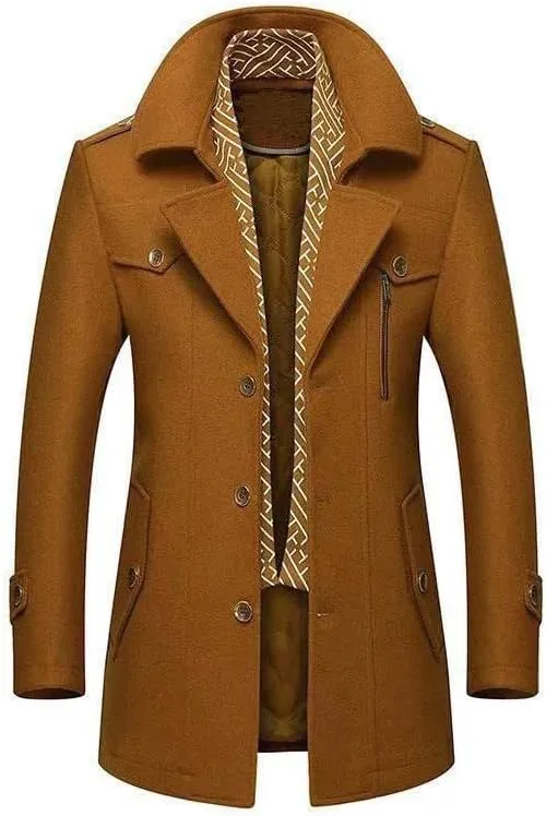 Winter Men Wool Coats Middle Long Scarf Collar Cotton-Padded Thick Warm Woolen Coat Male Trench Coat Overcoat