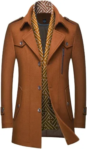 Winter Men Wool Coats Middle Long Scarf Collar Cotton-Padded Thick Warm Woolen Coat Male Trench Coat Overcoat