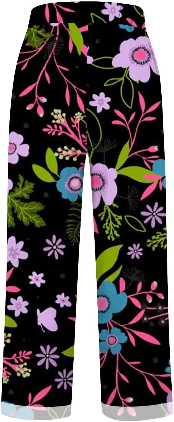 Women Boho Floral Casual Pants Summer Drawstring Lightweight Elastic High Waist Linen Pant Straight Wide Leg Capris