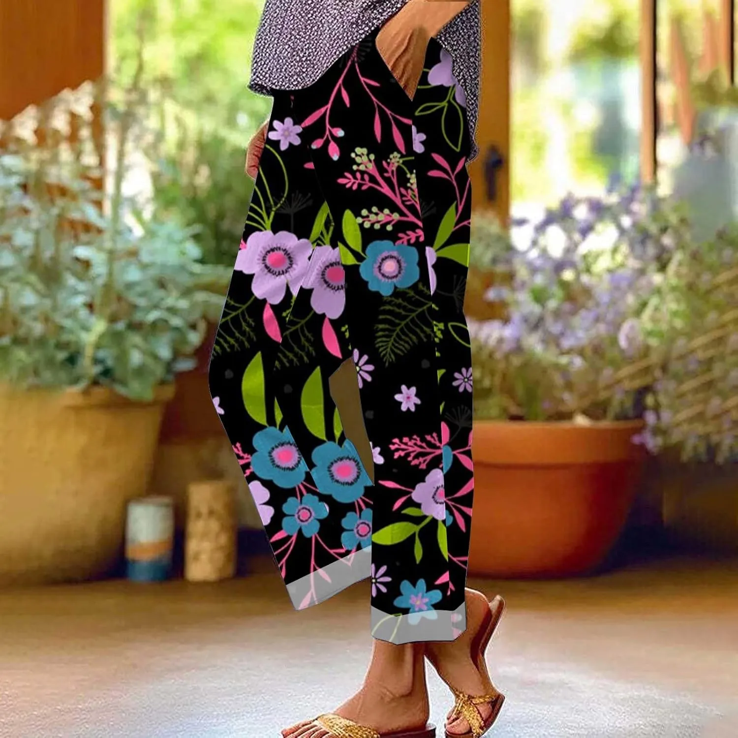 Women Boho Floral Casual Pants Summer Drawstring Lightweight Elastic High Waist Linen Pant Straight Wide Leg Capris