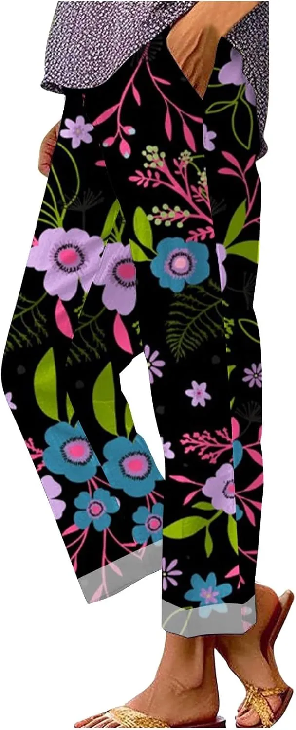 Women Boho Floral Casual Pants Summer Drawstring Lightweight Elastic High Waist Linen Pant Straight Wide Leg Capris