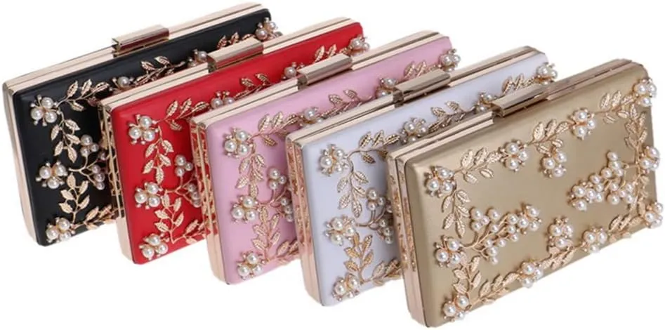 Women Clutch Bag Beaded Metal Lady Evening Bag Chain Shoulder Handbags Party Wedding Bridal Bags