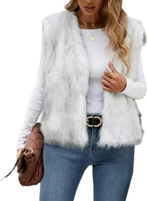 Women Faux Fur Waistcoat Fashion Winter Fuzzy Sleeveless Open Front Outwear Gilet Casual Short Vest Jacket Coat Y2K