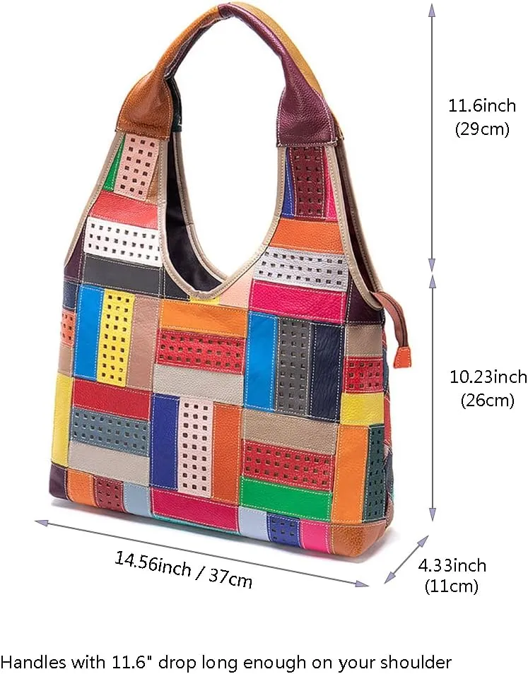 Women Genuine Leather Tote Handbag Multicolored Hollow Shoulder Purse Random Colorful Patchwork Top-Handle Satchel