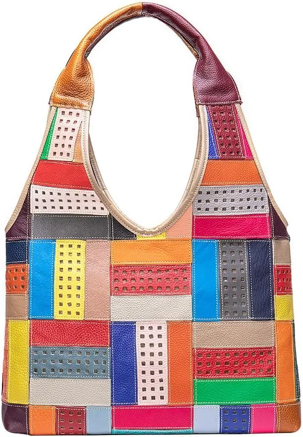 Women Genuine Leather Tote Handbag Multicolored Hollow Shoulder Purse Random Colorful Patchwork Top-Handle Satchel