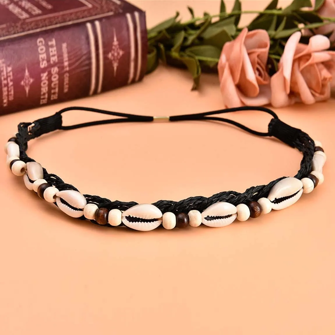Women Girls Shell Headband Beach Headbands with Beads Elastic Weave Hair Band Summer Headpiece TSFD49 (Black)