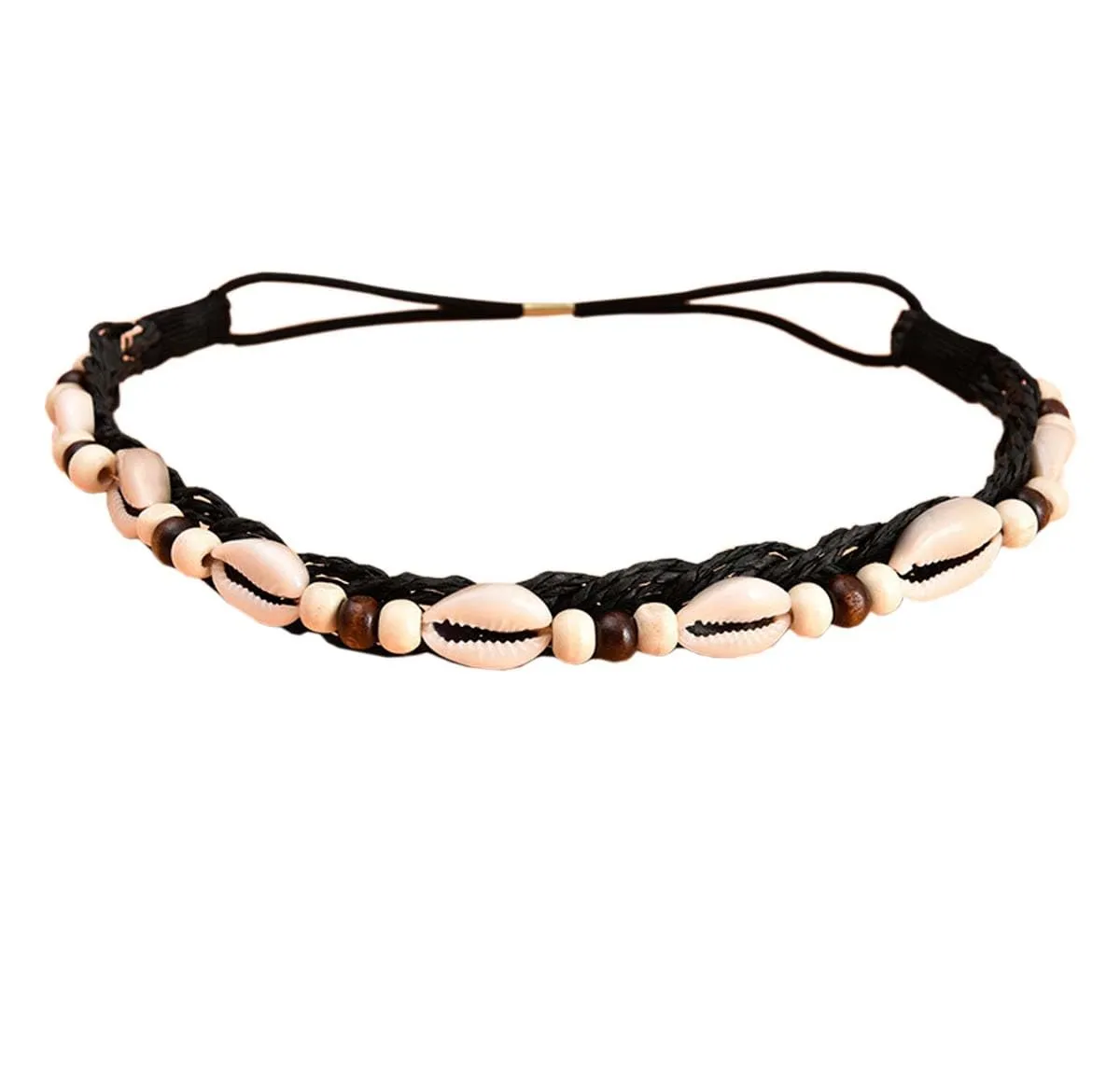 Women Girls Shell Headband Beach Headbands with Beads Elastic Weave Hair Band Summer Headpiece TSFD49 (Black)