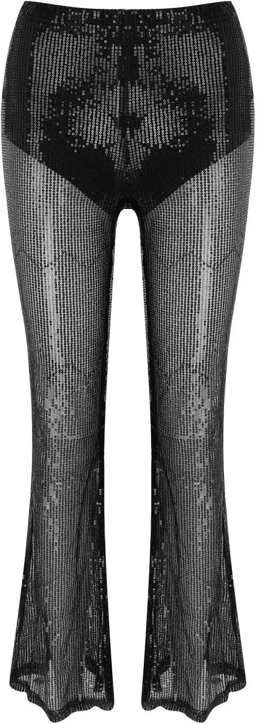 Women Glitter Pants Ladies Silk High Waist Drape Zip Wide Leg Flared Pants Bottom Streetwear Sequin Pants