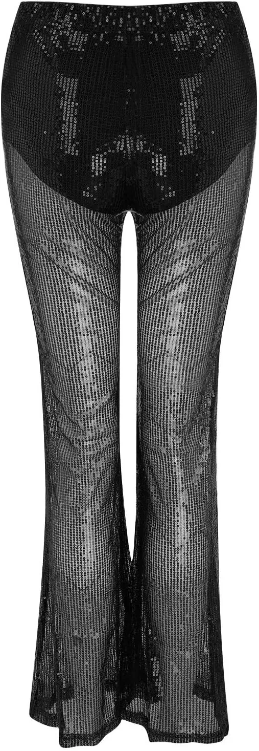 Women Glitter Pants Ladies Silk High Waist Drape Zip Wide Leg Flared Pants Bottom Streetwear Sequin Pants