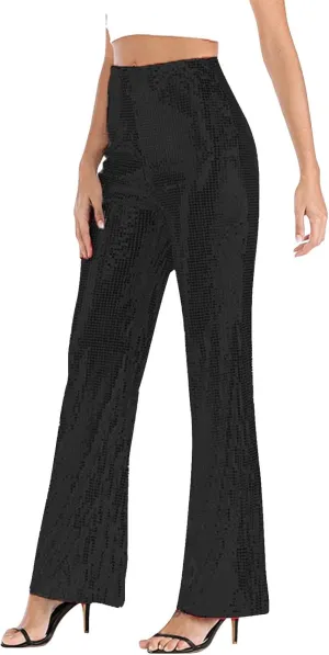 Women Glitter Pants Ladies Silk High Waist Drape Zip Wide Leg Flared Pants Bottom Streetwear Sequin Pants