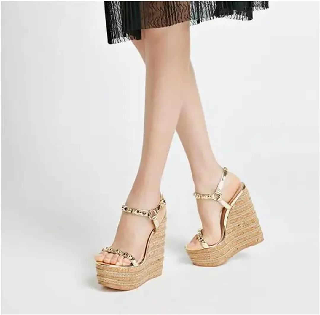 Women Gold Studded Wedge Sandals Peep Toe High Platform Summer Dress Shoes Ankle Straps Woven Metal Decoration Shoes