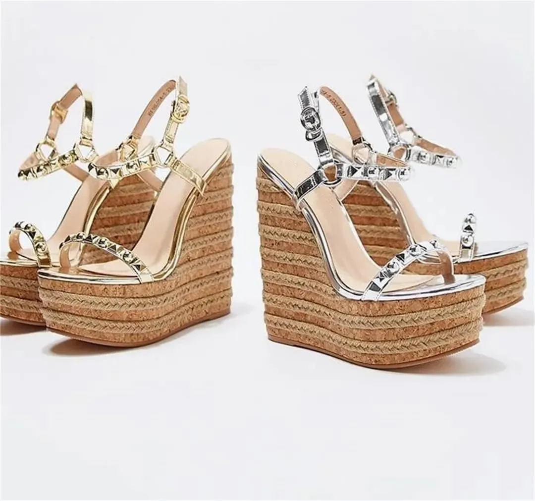 Women Gold Studded Wedge Sandals Peep Toe High Platform Summer Dress Shoes Ankle Straps Woven Metal Decoration Shoes