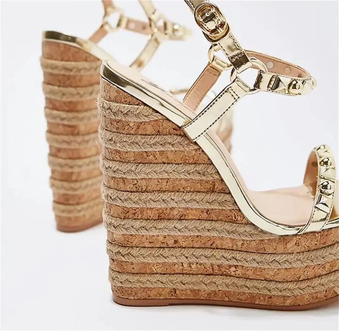 Women Gold Studded Wedge Sandals Peep Toe High Platform Summer Dress Shoes Ankle Straps Woven Metal Decoration Shoes