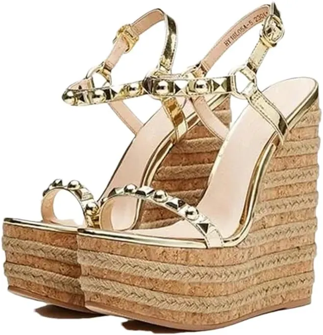 Women Gold Studded Wedge Sandals Peep Toe High Platform Summer Dress Shoes Ankle Straps Woven Metal Decoration Shoes