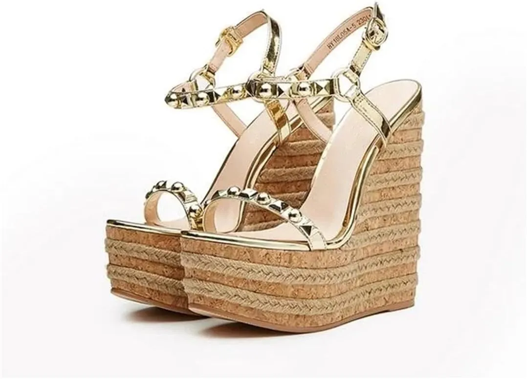 Women Gold Studded Wedge Sandals Peep Toe High Platform Summer Dress Shoes Ankle Straps Woven Metal Decoration Shoes