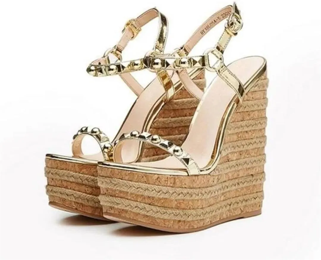 Women Gold Studded Wedge Sandals Peep Toe High Platform Summer Dress Shoes Ankle Straps Woven Metal Decoration Shoes