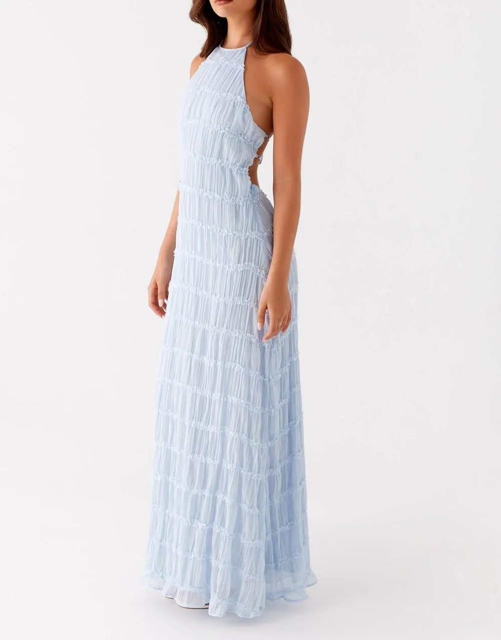 Women Halter Neck Maxi Dress Sleeveless Lace Tiered Smocked Long Dress Sexy Backless Party Vacation Beach Sundress