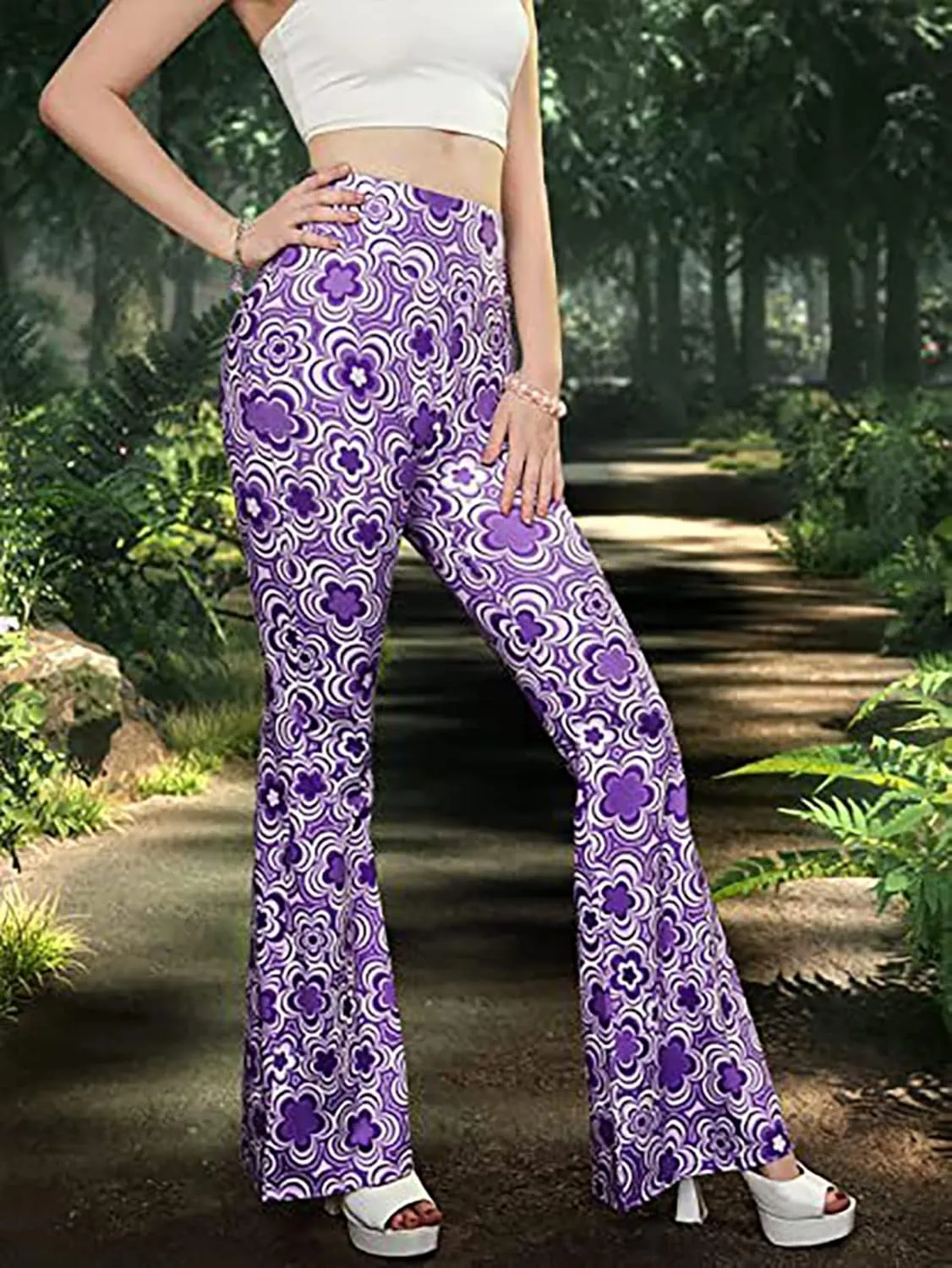 Women High Waisted Fit Flare Ethnic Paisley Floral Bell Bottoms Yoga Pants Flared Leggings
