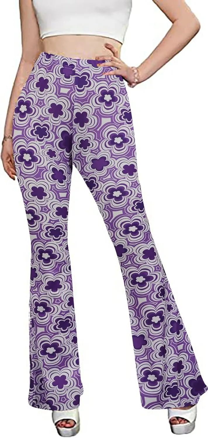 Women High Waisted Fit Flare Ethnic Paisley Floral Bell Bottoms Yoga Pants Flared Leggings