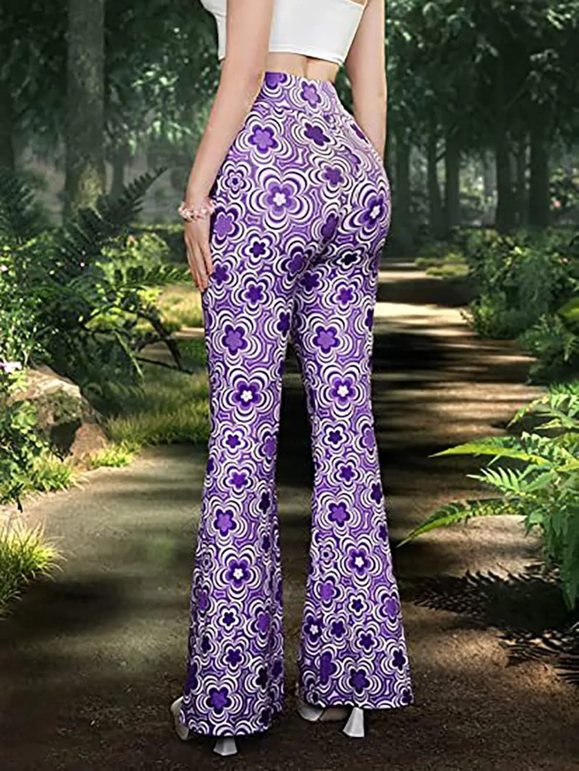 Women High Waisted Fit Flare Ethnic Paisley Floral Bell Bottoms Yoga Pants Flared Leggings