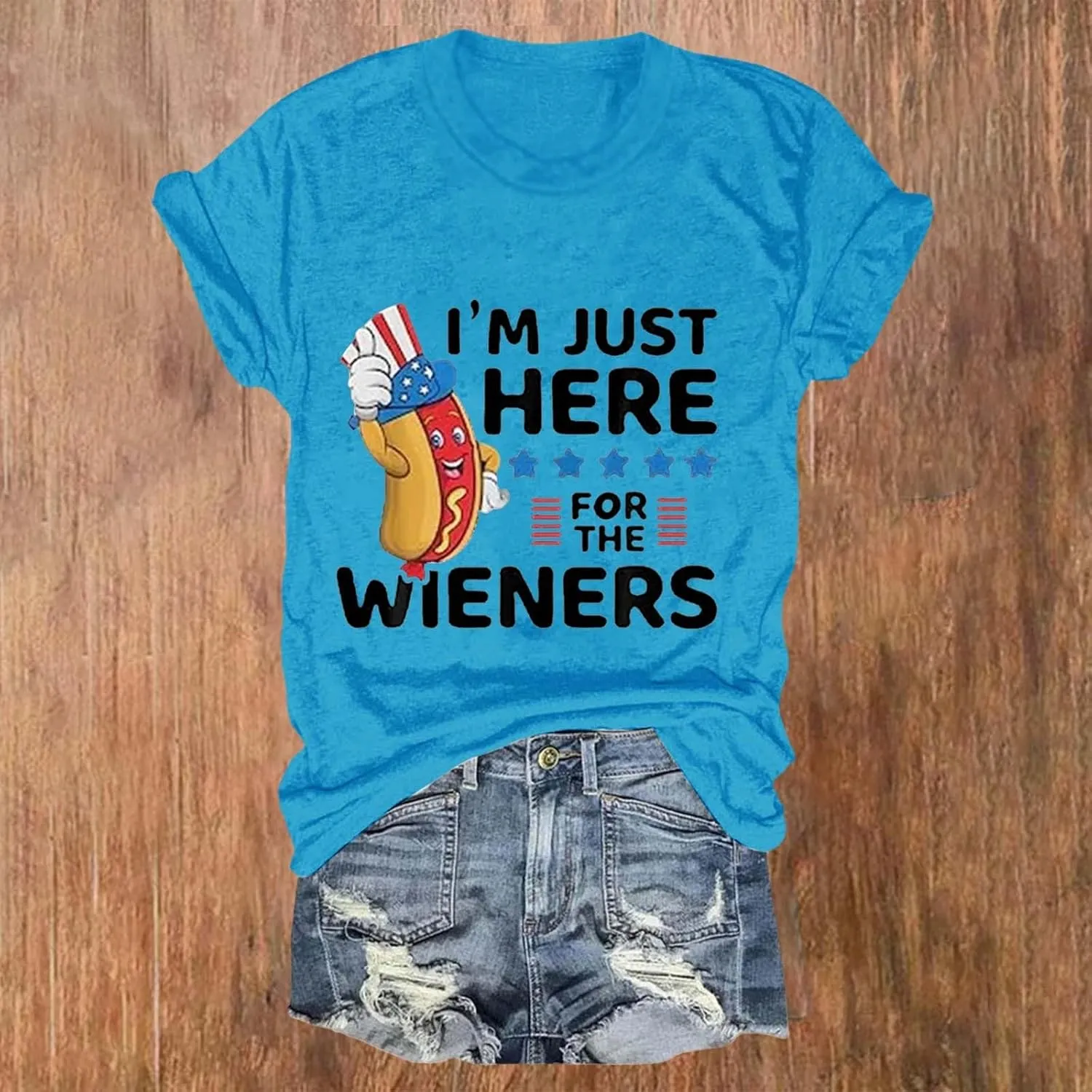 Women I'm Just Here for The Wieners Shirt 4th of July Shirts American Flag Patriotic Plus Size Short Sleeve Tee