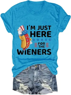 Women I'm Just Here for The Wieners Shirt 4th of July Shirts American Flag Patriotic Plus Size Short Sleeve Tee