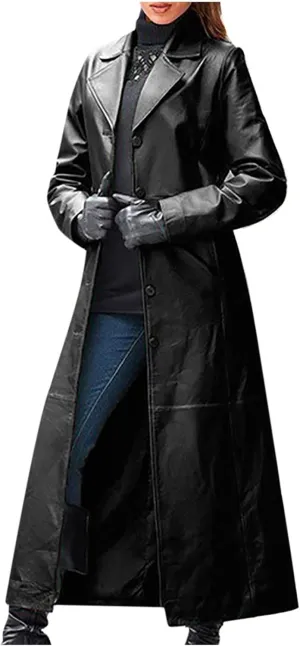 Women Leather Jacket Maxi Long Lapel Coat Outwear Fall Winter Fashion Slim Fit Single Breasted Windbreak Overcoat
