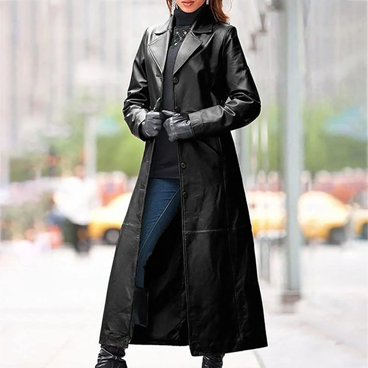 Women Leather Jacket Maxi Long Lapel Coat Outwear Fall Winter Fashion Slim Fit Single Breasted Windbreak Overcoat