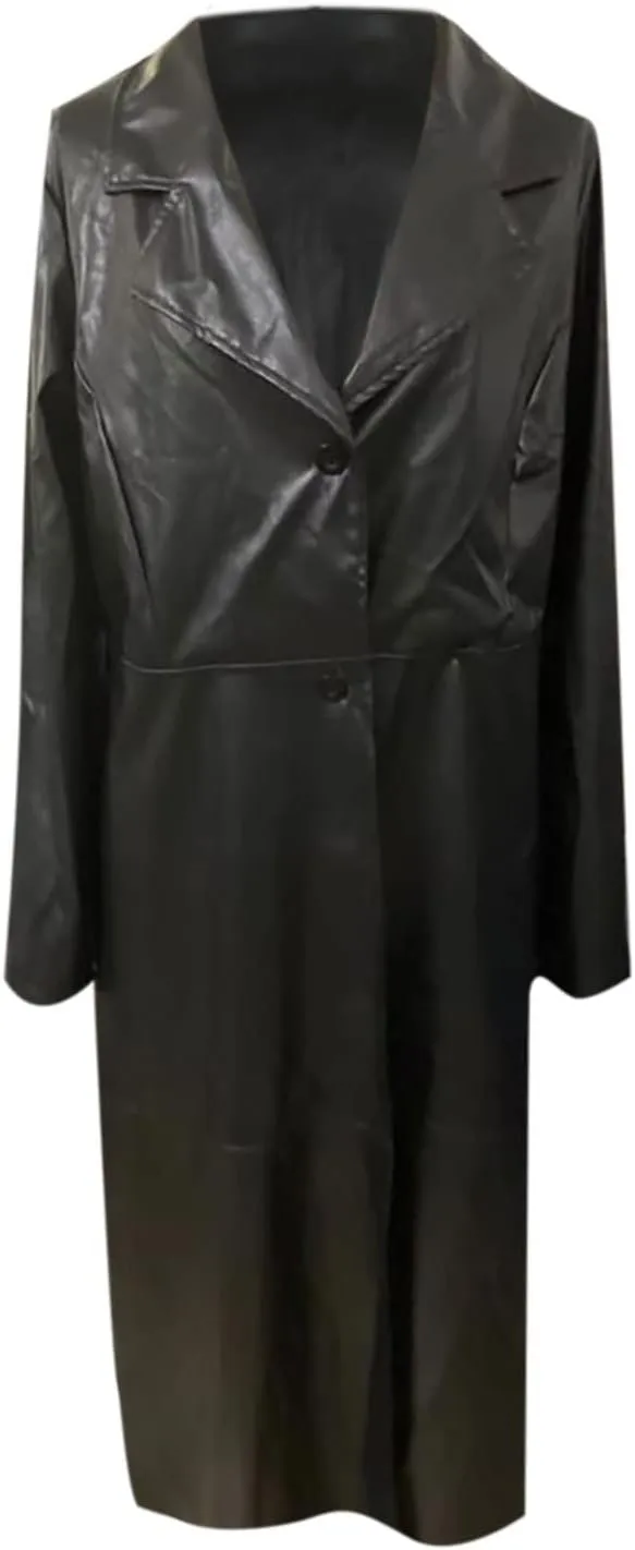 Women Leather Jacket Maxi Long Lapel Coat Outwear Fall Winter Fashion Slim Fit Single Breasted Windbreak Overcoat