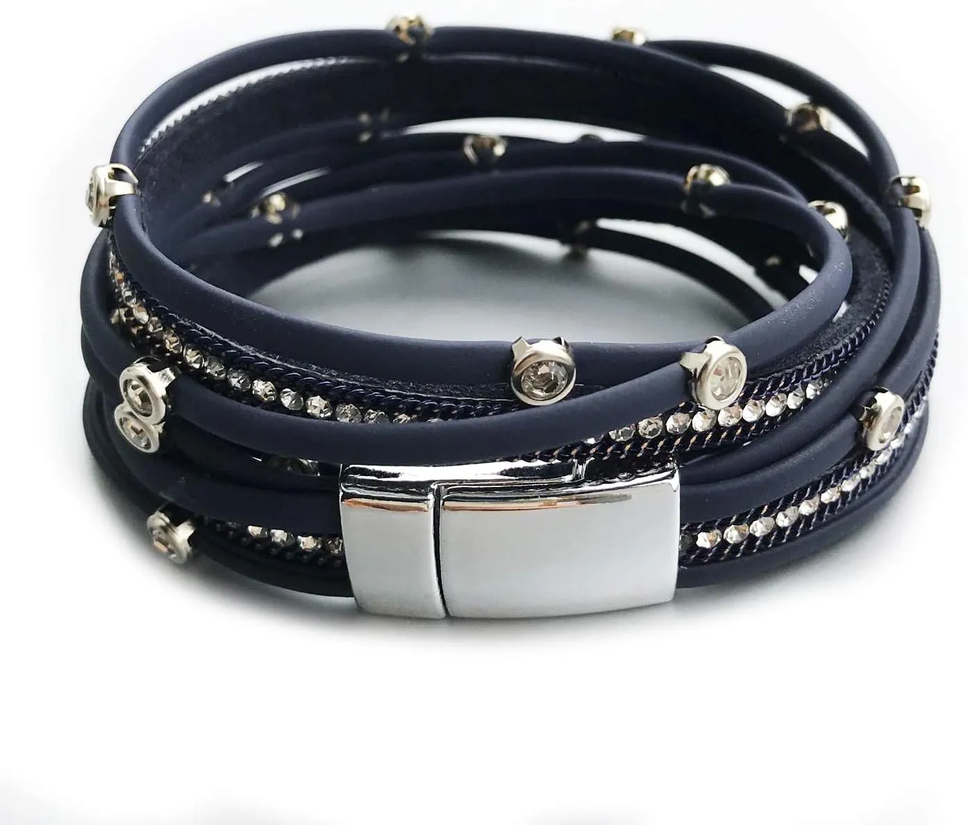 Women Leather Wrap Bracelet Stud Beads Crystal Cuff Bracelets Jewelry for Ladies