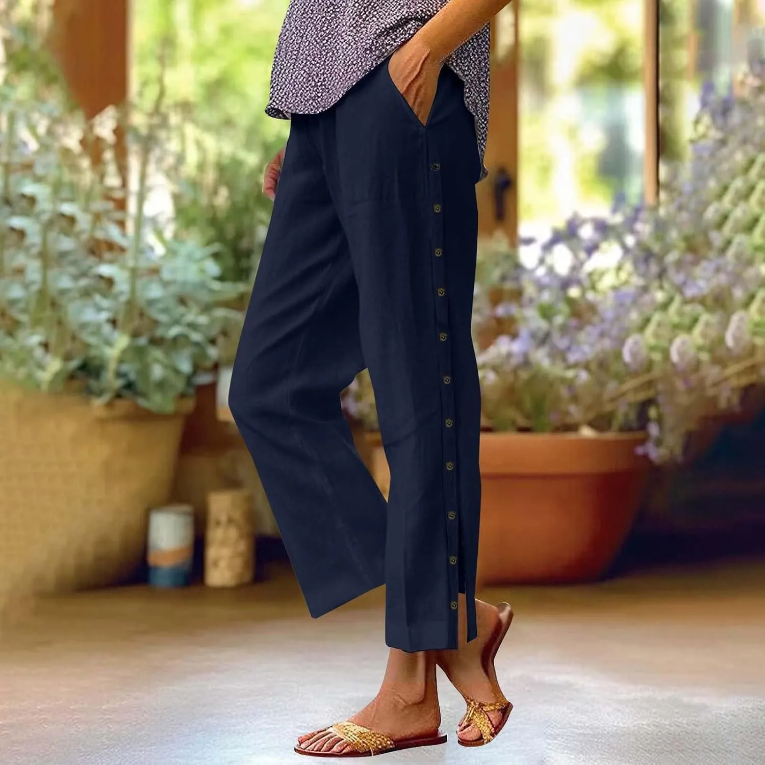 Women Linen Pants 2025 Wide Leg Casual Palazzo Pants Cotton Linen Lounge Beach Summer Pants with Pockets