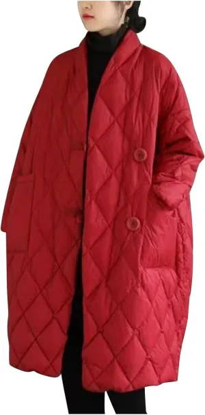 Women Long Baggy Winter Puffer Coats Collarless Cotton-Padded Jacket Button Long Sleeve Pockets Warm Quilted Outerwear
