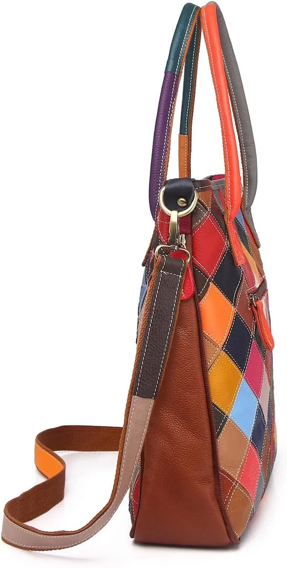 Women Multicolor Handbag Cowhide Shoulder Purse Random Square Patchwork Satchel