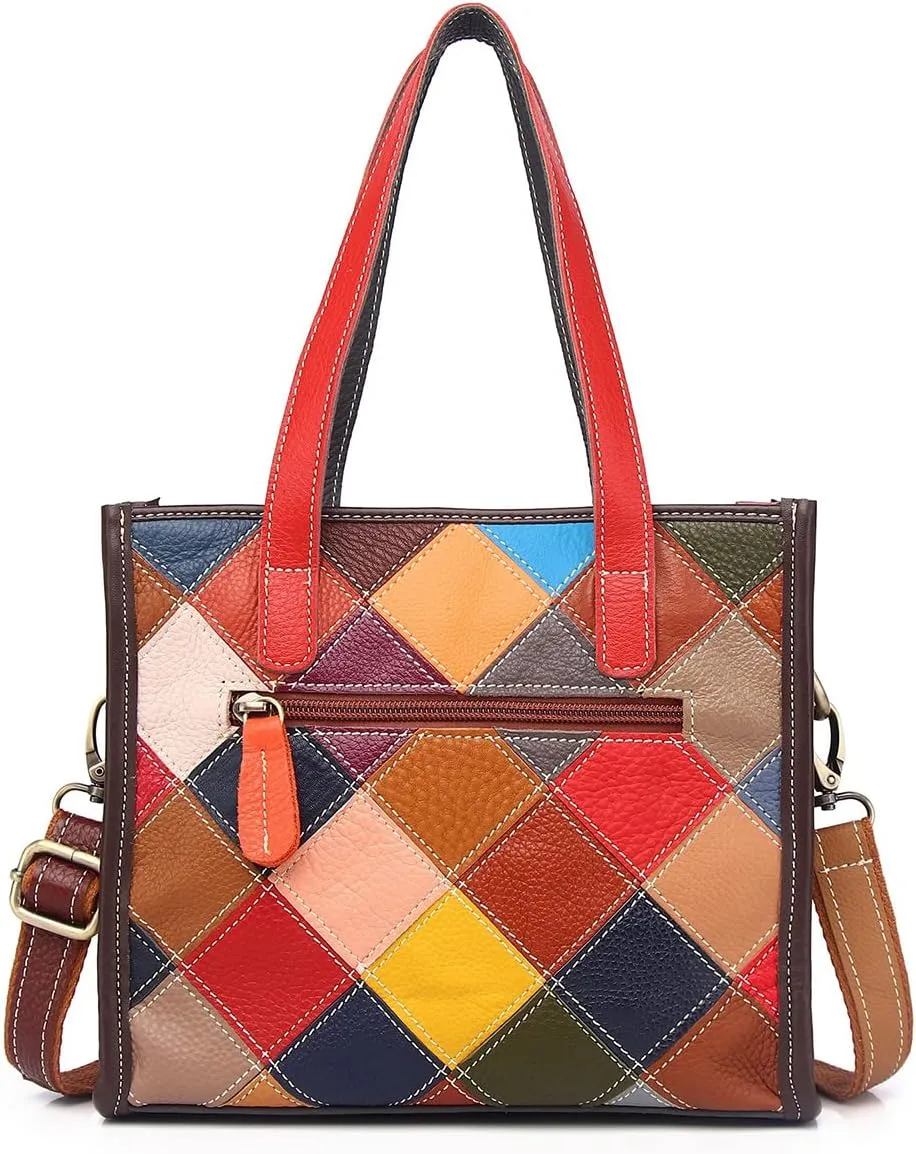 Women Multicolor Handbag Cowhide Shoulder Purse Random Square Patchwork Satchel