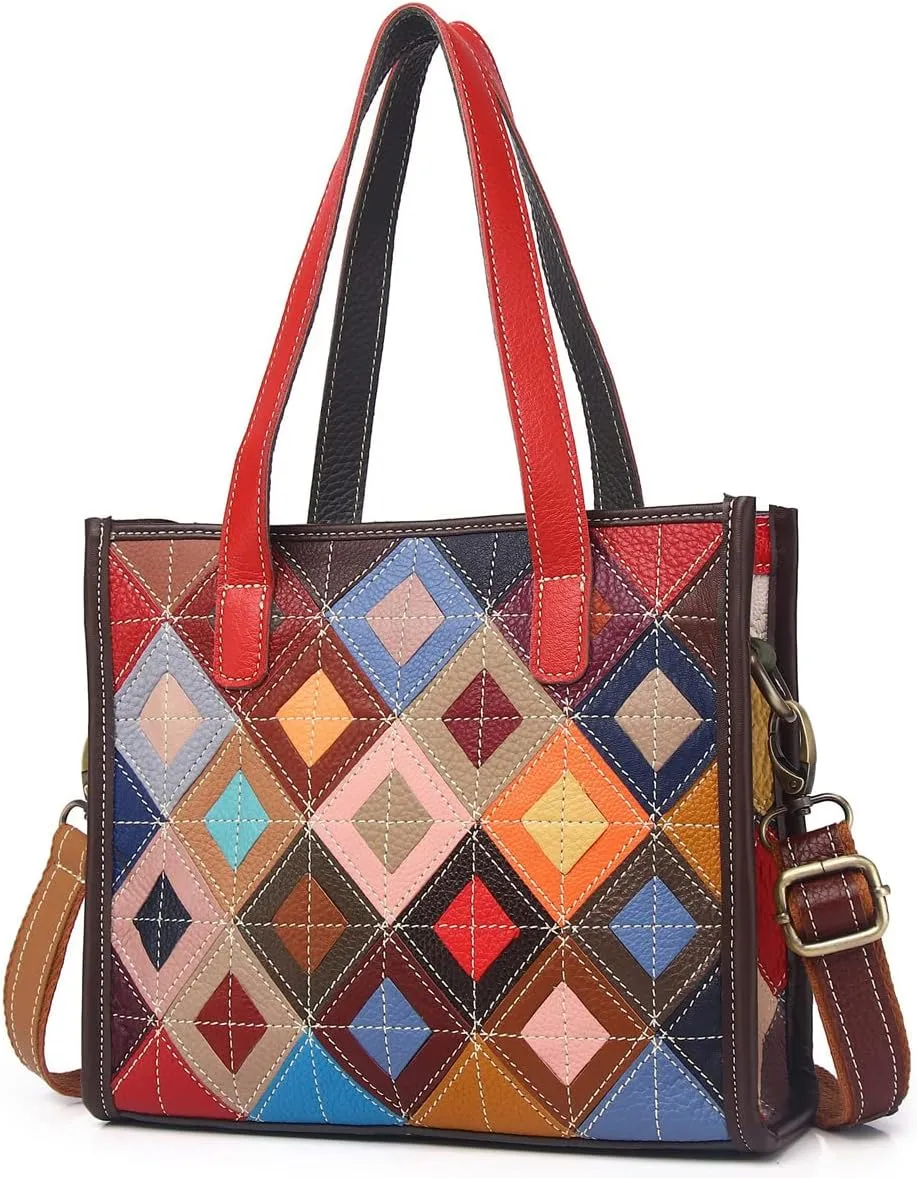 Women Multicolor Handbag Cowhide Shoulder Purse Random Square Patchwork Satchel