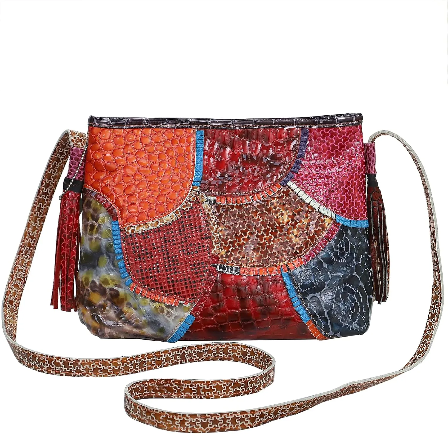 Women Random Multicolor Shoulder Bag Genuine Leather Handbag Patchwork Satchel