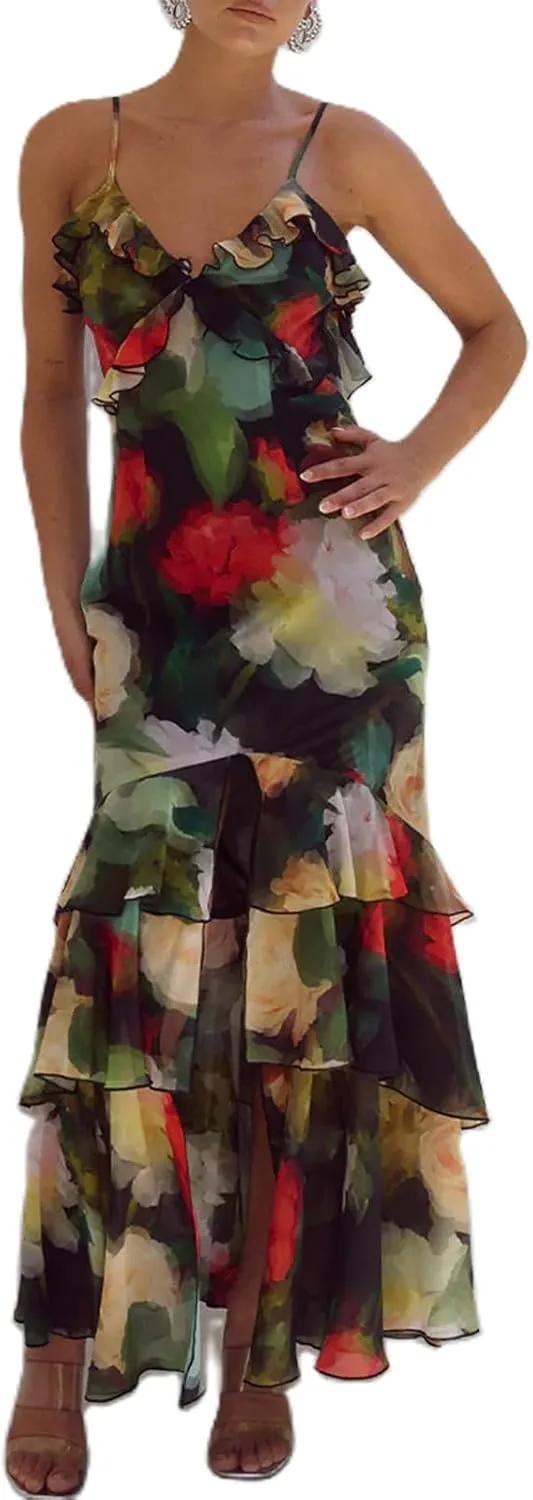 Women Ruffle Halter Maxi Dress Sexy Sleeveless Spaghetti Strap Bodycon V-Neck Long Dress Elegant Cocktail Dresses
