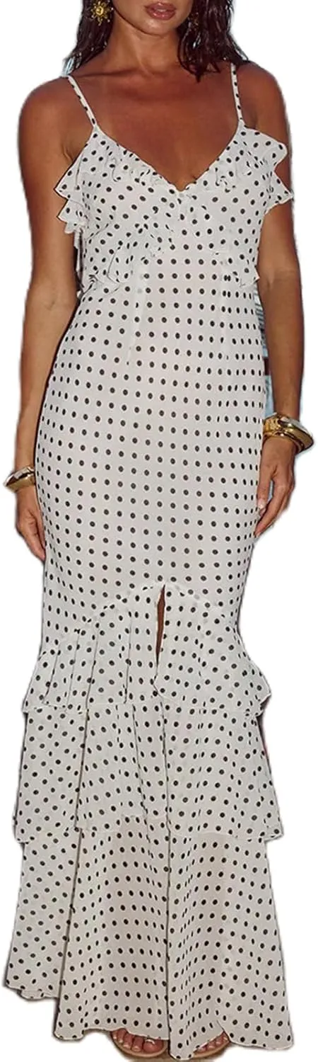 Women Ruffle Halter Maxi Dress Sexy Sleeveless Spaghetti Strap Bodycon V-Neck Long Dress Elegant Cocktail Dresses