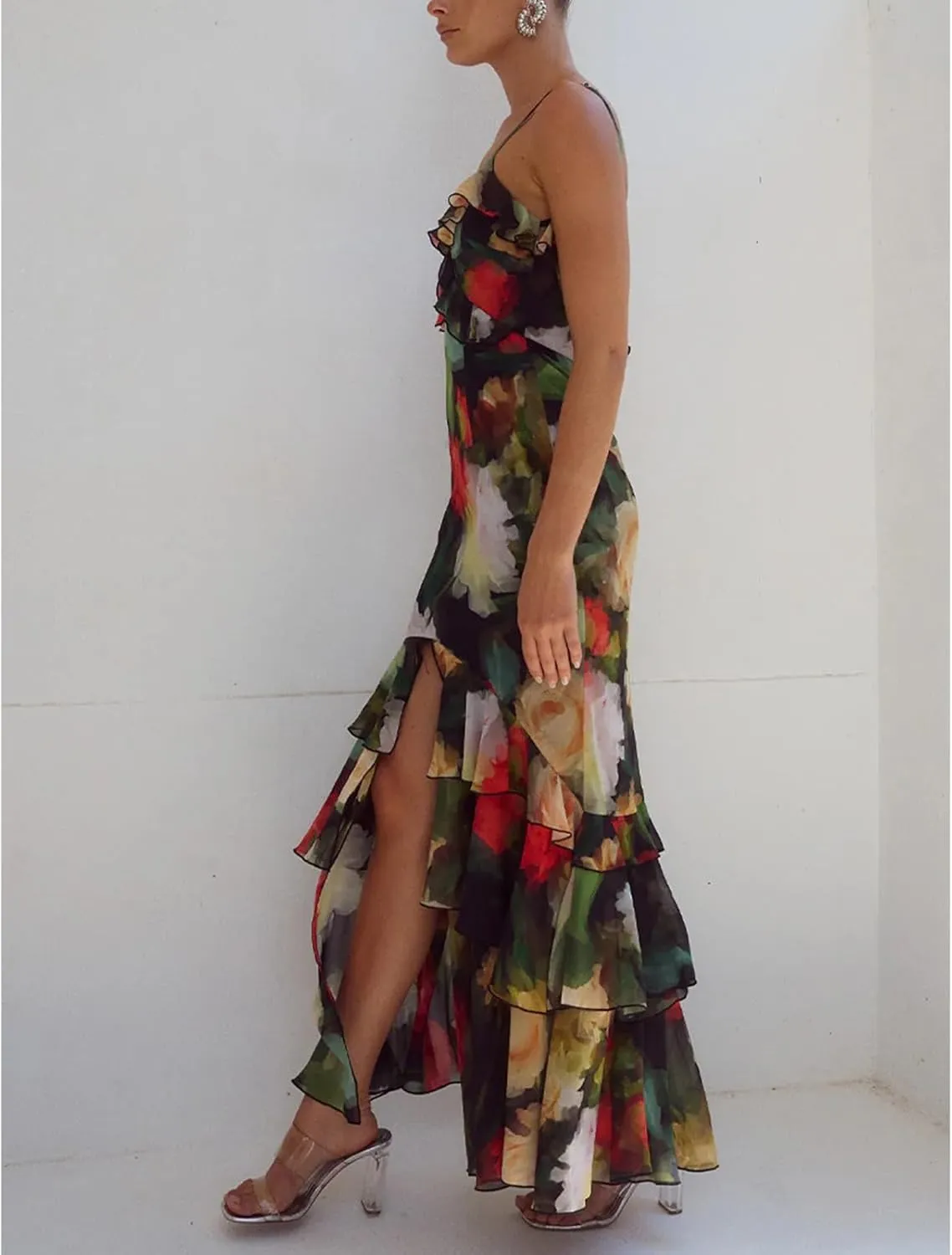 Women Ruffle Halter Maxi Dress Sexy Sleeveless Spaghetti Strap Bodycon V-Neck Long Dress Elegant Cocktail Dresses