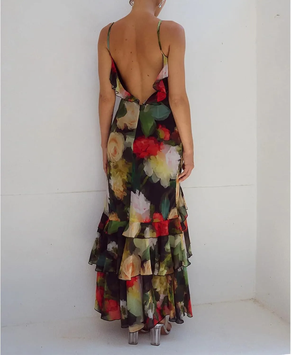 Women Ruffle Halter Maxi Dress Sexy Sleeveless Spaghetti Strap Bodycon V-Neck Long Dress Elegant Cocktail Dresses