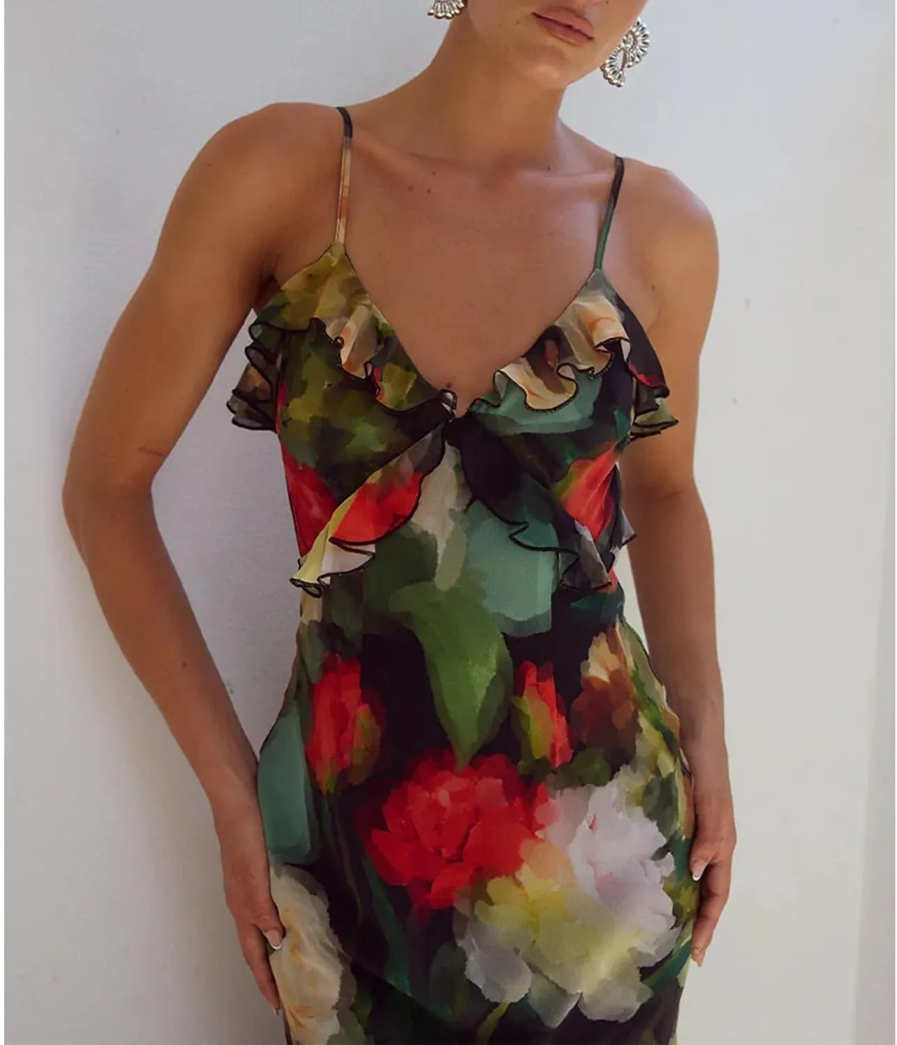 Women Ruffle Halter Maxi Dress Sexy Sleeveless Spaghetti Strap Bodycon V-Neck Long Dress Elegant Cocktail Dresses