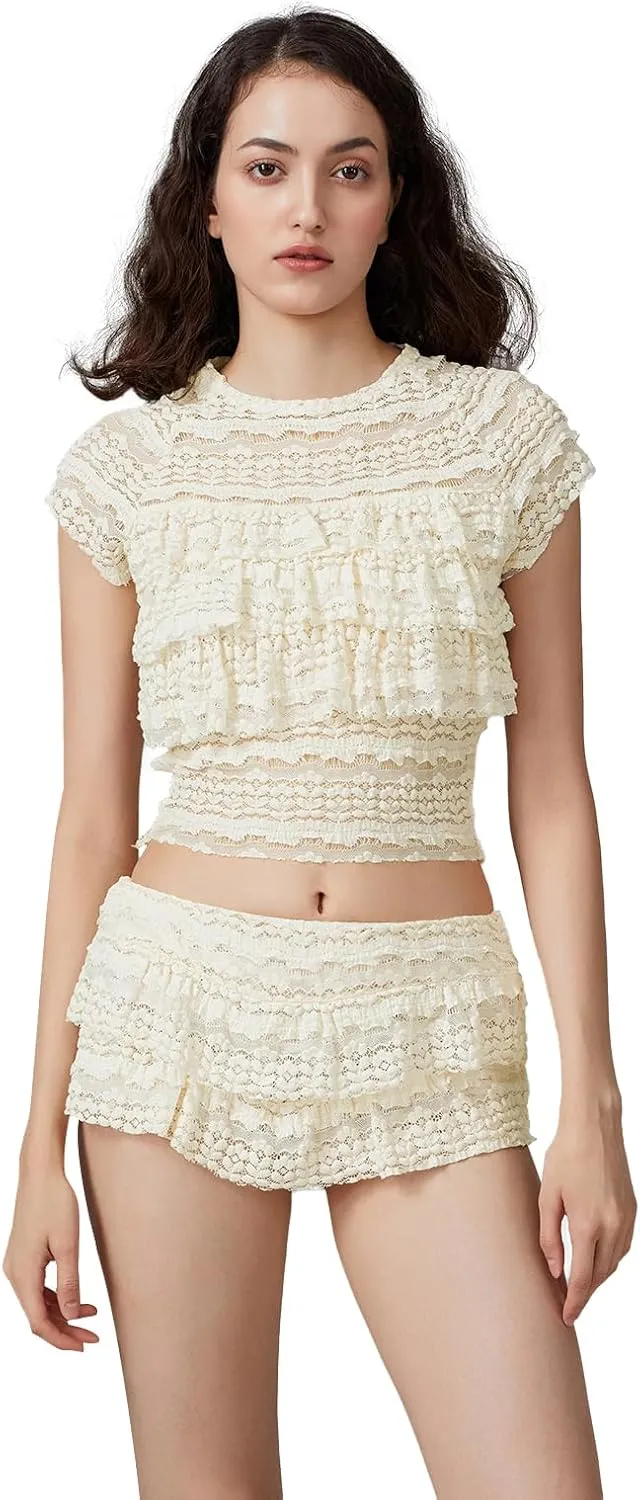 Women Ruffle Layered Shorts Set Y2K 2 Piece Lace Outfits Short Sleeve Sheer Crop Top Lolita Bloomers