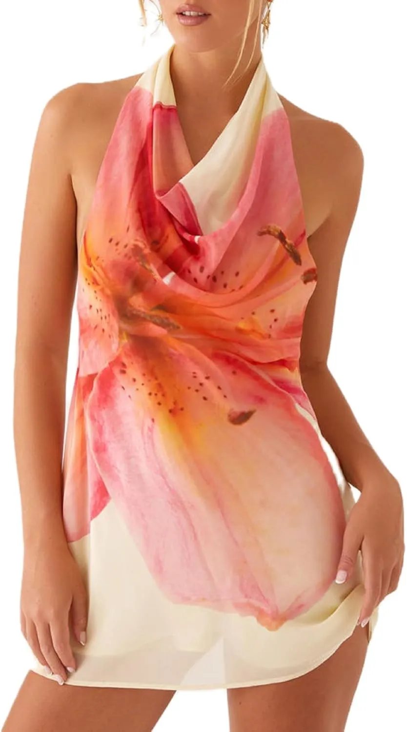 Women Satin Open Back Halter Neck Mini Dress Sexy Cutout Floral Backless Short Dress Low Cut Going Out Dresses