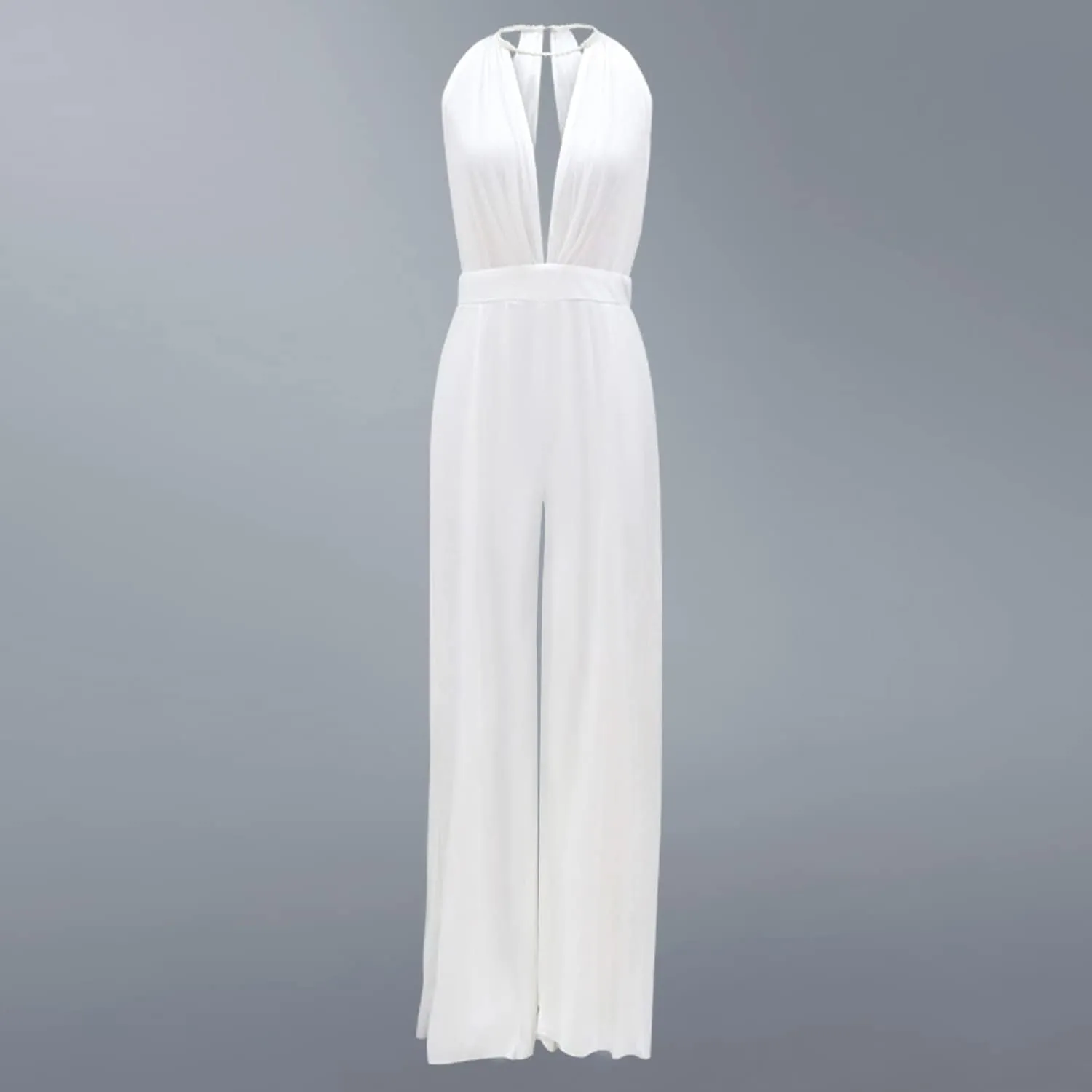 Women Sexy Deep V Neck Sleeveless Backless Lace Chiffon Long Maxi Cocktail Romper Jumpsuits