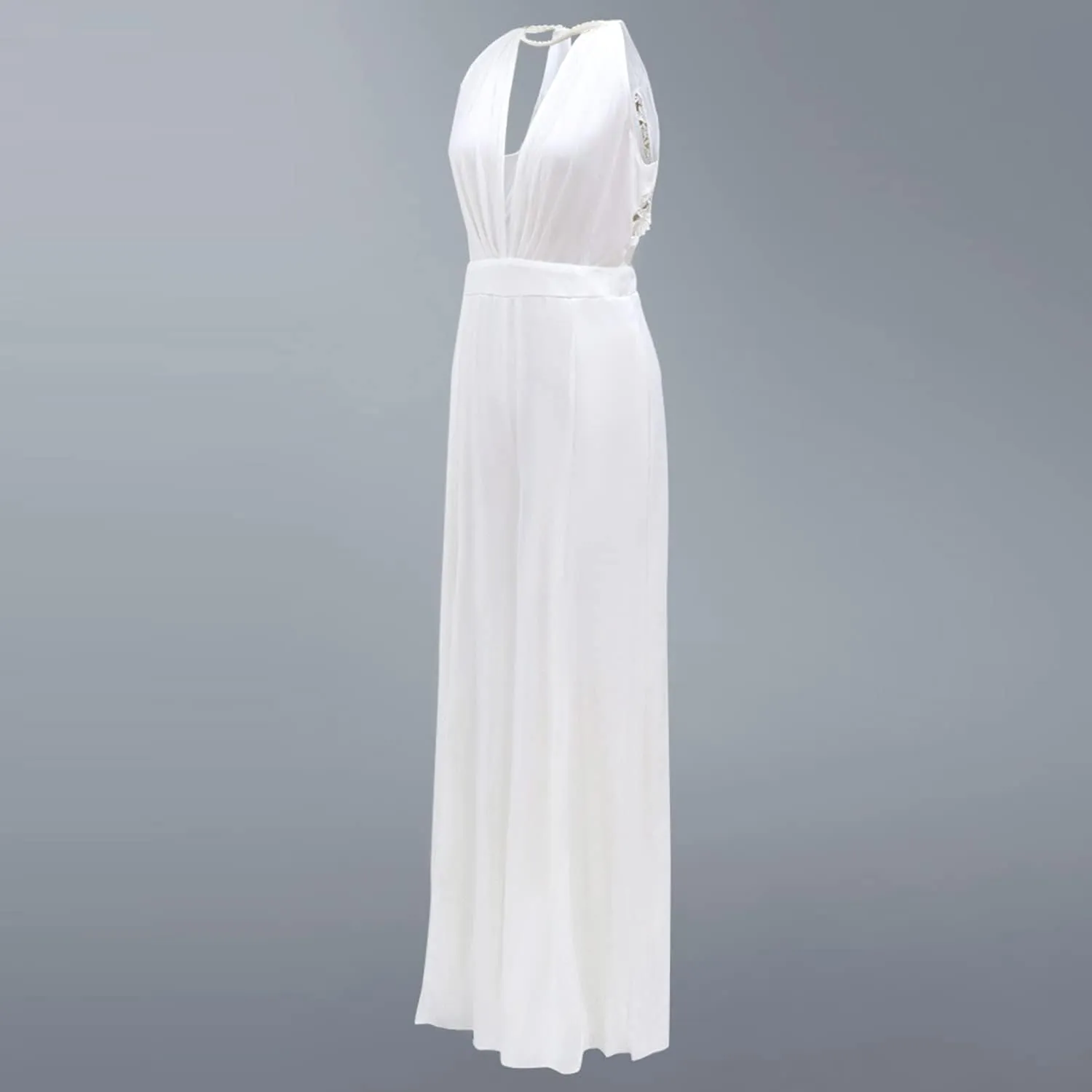 Women Sexy Deep V Neck Sleeveless Backless Lace Chiffon Long Maxi Cocktail Romper Jumpsuits