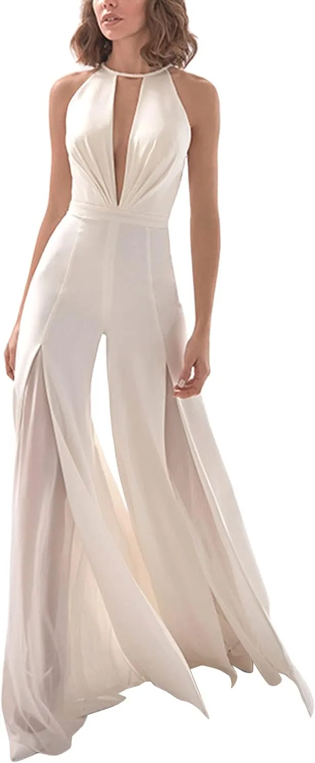 Women Sexy Deep V Neck Sleeveless Backless Lace Chiffon Long Maxi Cocktail Romper Jumpsuits