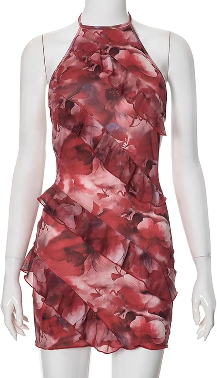 Women Sexy Halter Neck Backless Mini Dress Floral Layered Ruffle Bodycon Short Party Dress