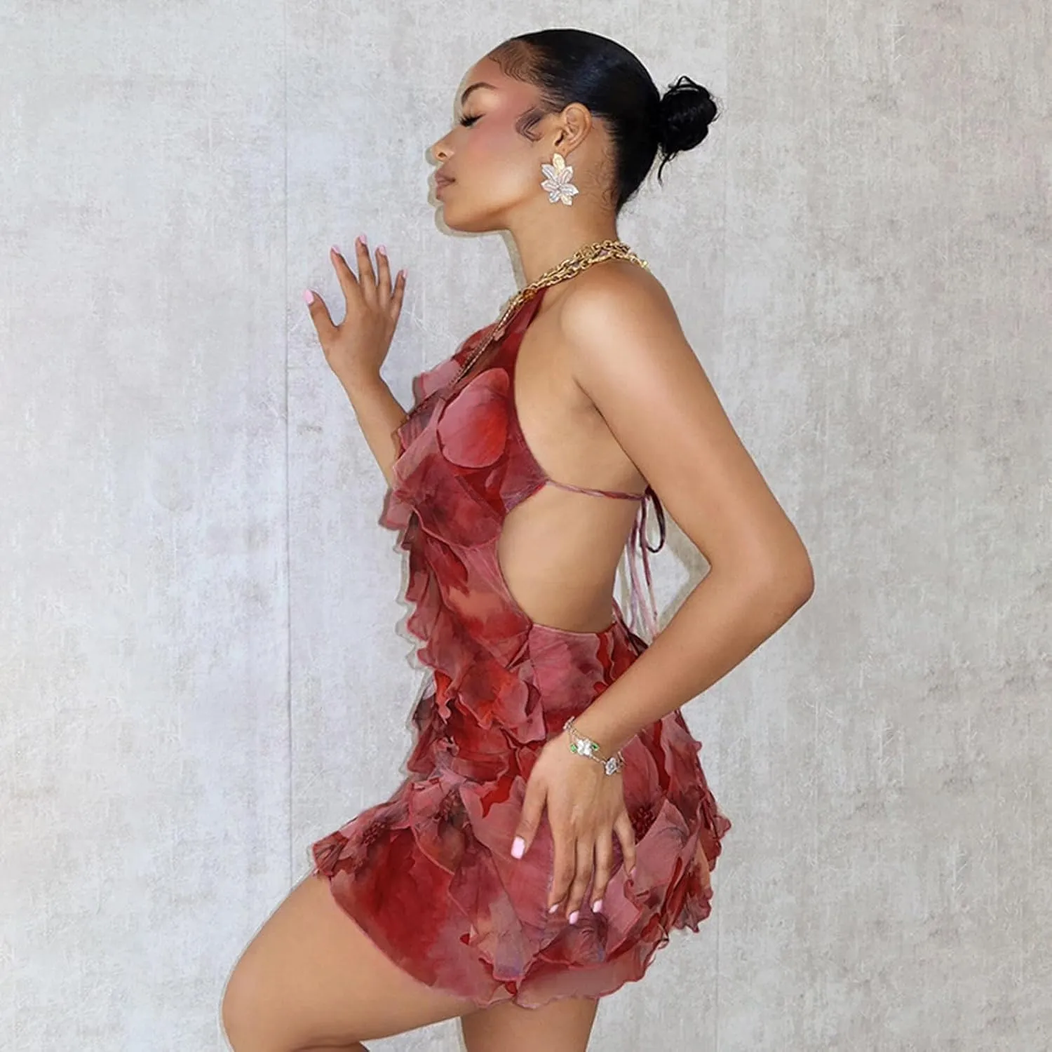 Women Sexy Halter Neck Backless Mini Dress Floral Layered Ruffle Bodycon Short Party Dress